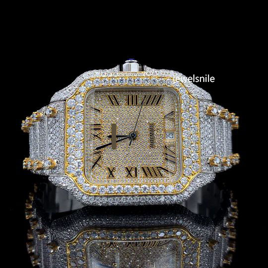 Elegant Iced Out roman style Yellow Gold Moissanite Diamond watch