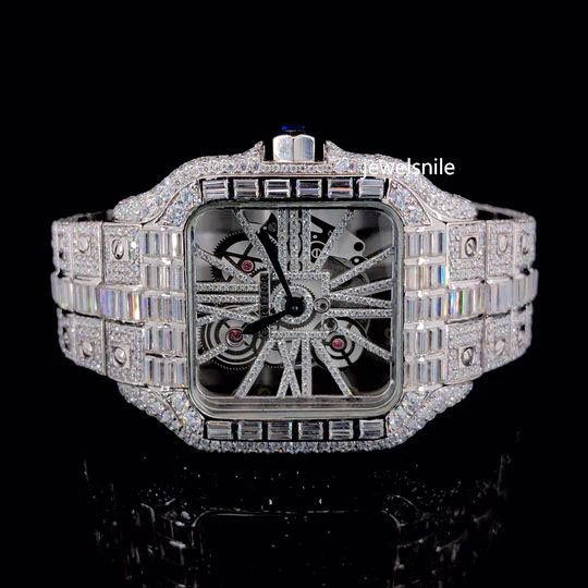 Baguette Moissanite Diamond Skeleton Watch With Unique Design