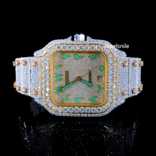 Iced Out Moissanite Diamond watch with Green Arabic Number |Two Tone