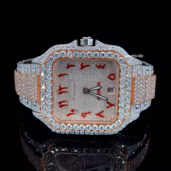 Fully Automatic red arabic number Moissanite  Iced Out Watch