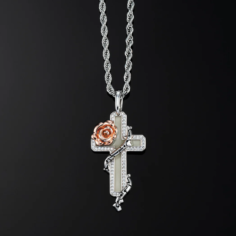 Luxury silver Iced Rose Cross Pendant with Diamond Dual Tone  Hip Hop Jewelry