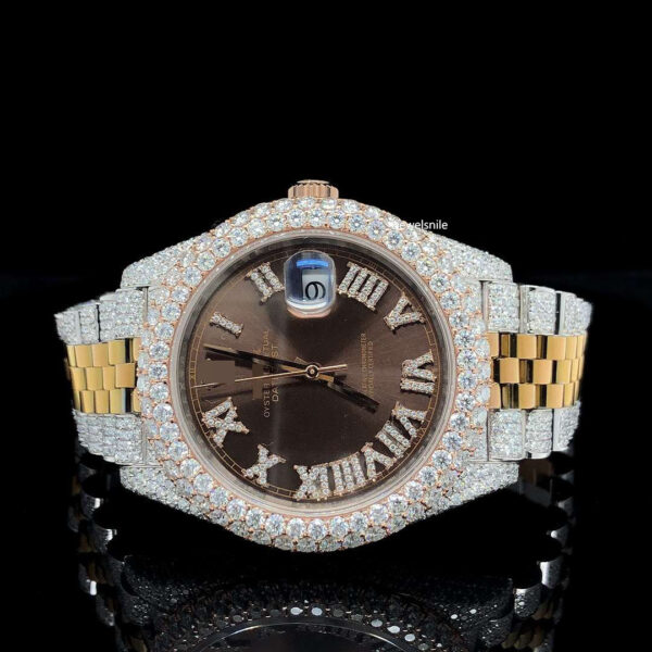 Stylish Iced Out roman style and Plain Brown Dial Moissanite Watch