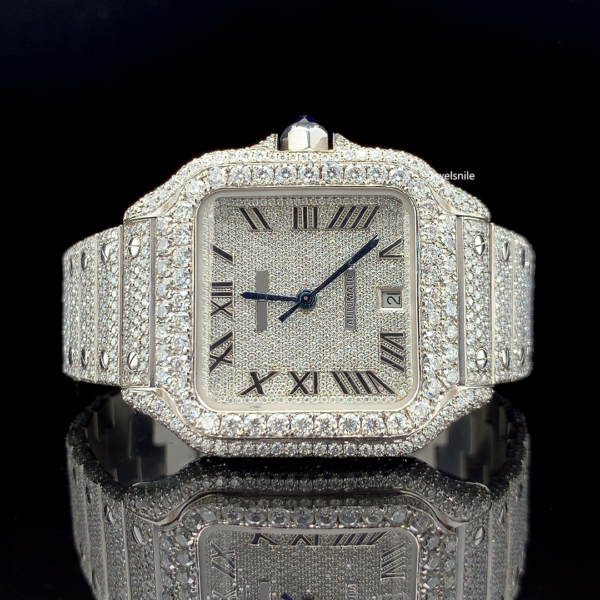 iced out roman dial automatic moissanite diamond watch