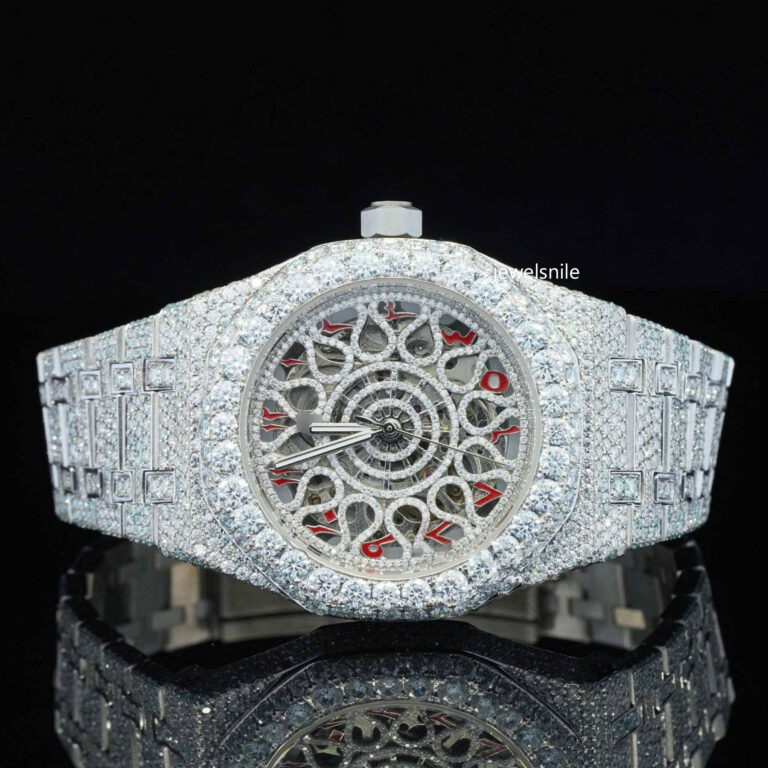 Iced Out Moissanite Watch Red Arabic Number With Automatic Movement