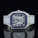 Iced Out Moissanite Watch Automatic Movement Blue And White For Men