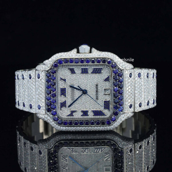 Iced Out Moissanite Watch Automatic Movement Blue And White For Men