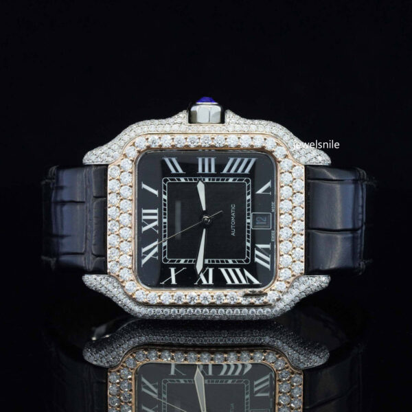 Awesome Black Dial And Leather Belt Moissanite Watch