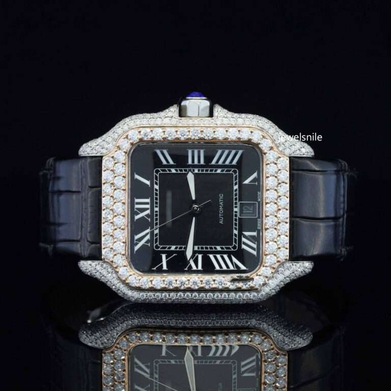 Awesome Black Dial And Leather Belt Moissanite Watch