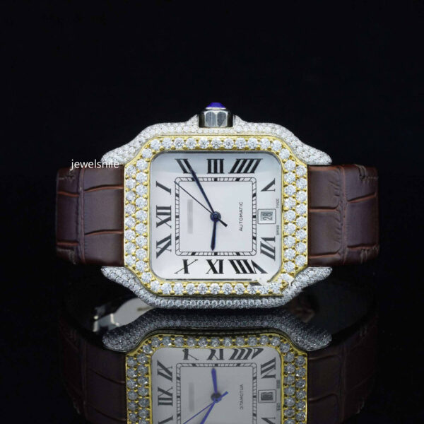 Amazing White Dial With Brown Leather Belt Moissanite Watch