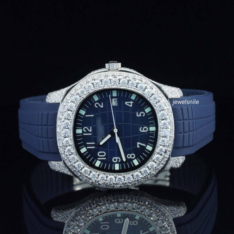 Iced Out Moissanite Watch Blue Color Belt Automatic Watch For Men