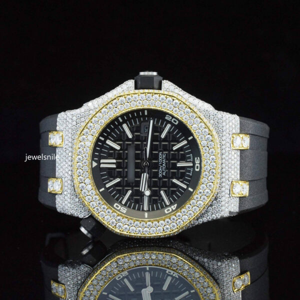 Fabulous Moissanite Wrist Watch With Black Color Belt For Men