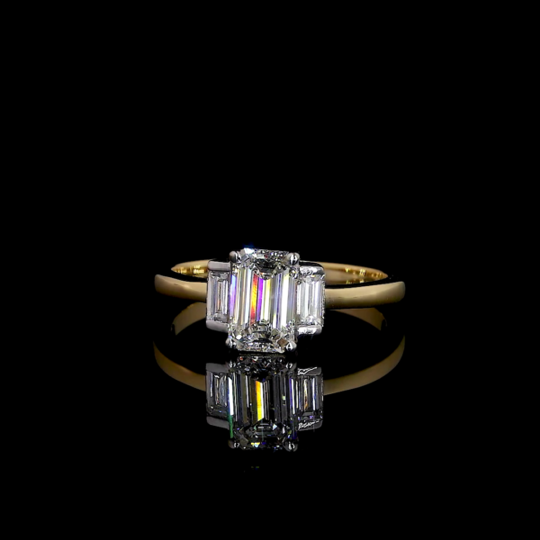 Solid Gold Engagement Rings 3 Stone Trapezoid Emerald Cut Lab Grown Diamond Ring